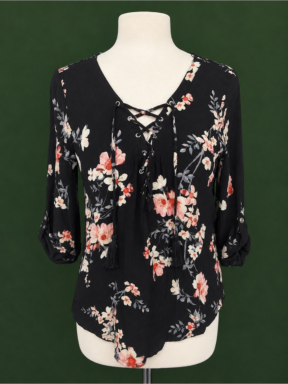 Women's Black Floral Lace-Up V-Neck Blouse